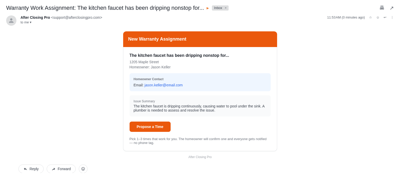 Example warranty assignment email sent to the trade